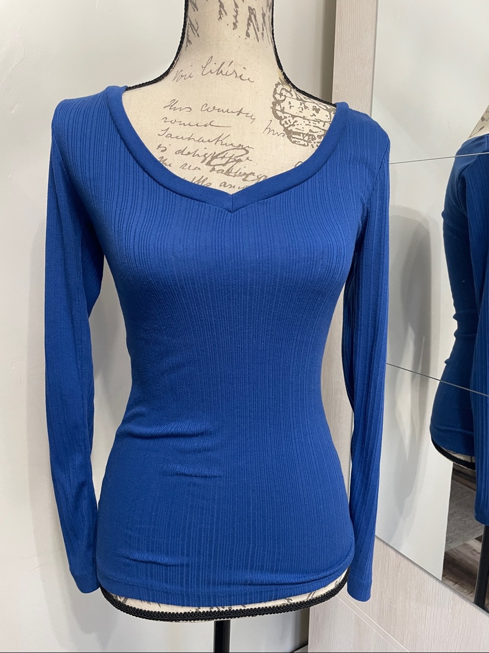 Deb Royal Blue Ribbed V-Neck Long Sleeve Top